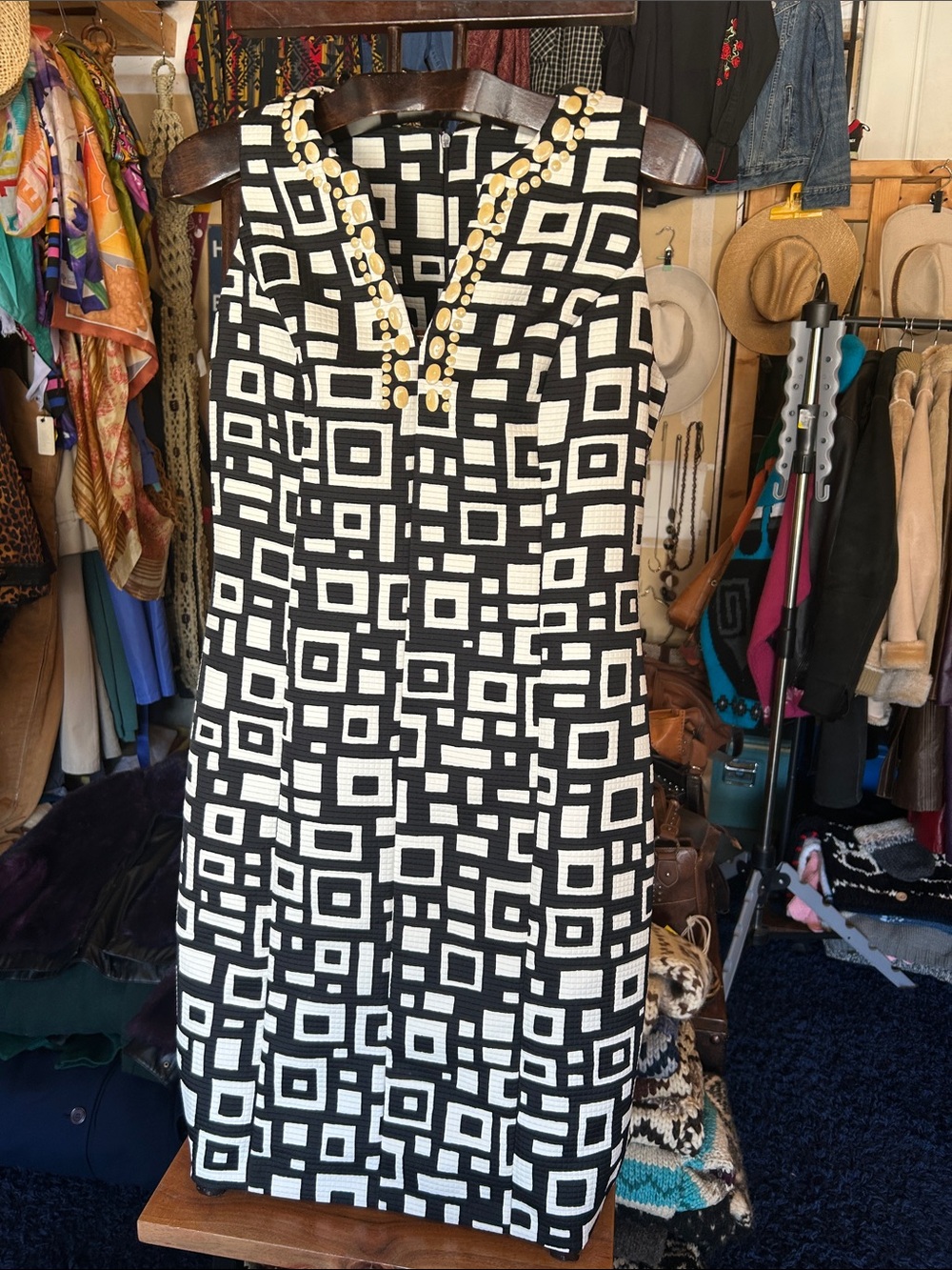 Joseph Ribkoff Black and White Geometric Midi Dress with Embellished Neckline